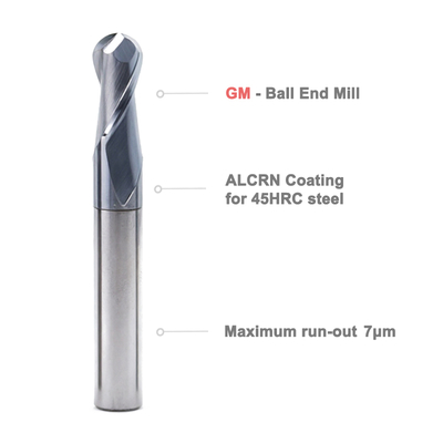 2 Flute Carbide Ball End Mill ALCRN Coating for 45HRC Steel